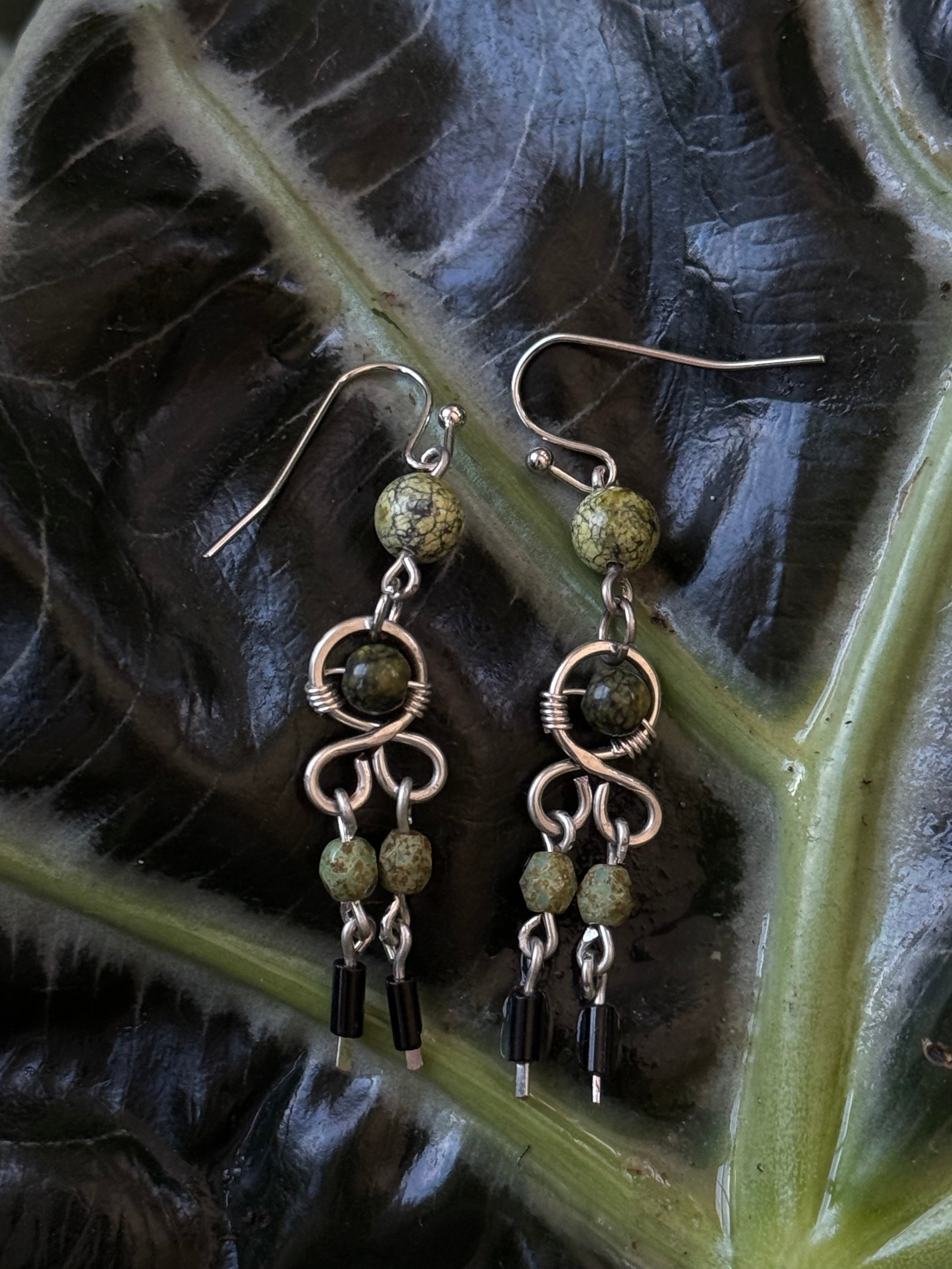 Green and Black Wire Wrapped Dangle Earrings