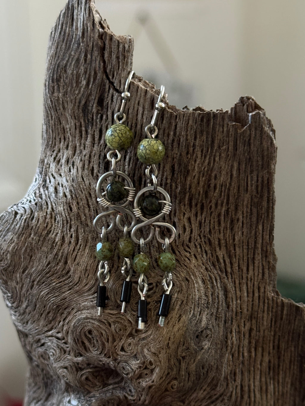 Green and Black Wire Wrapped Dangle Earrings