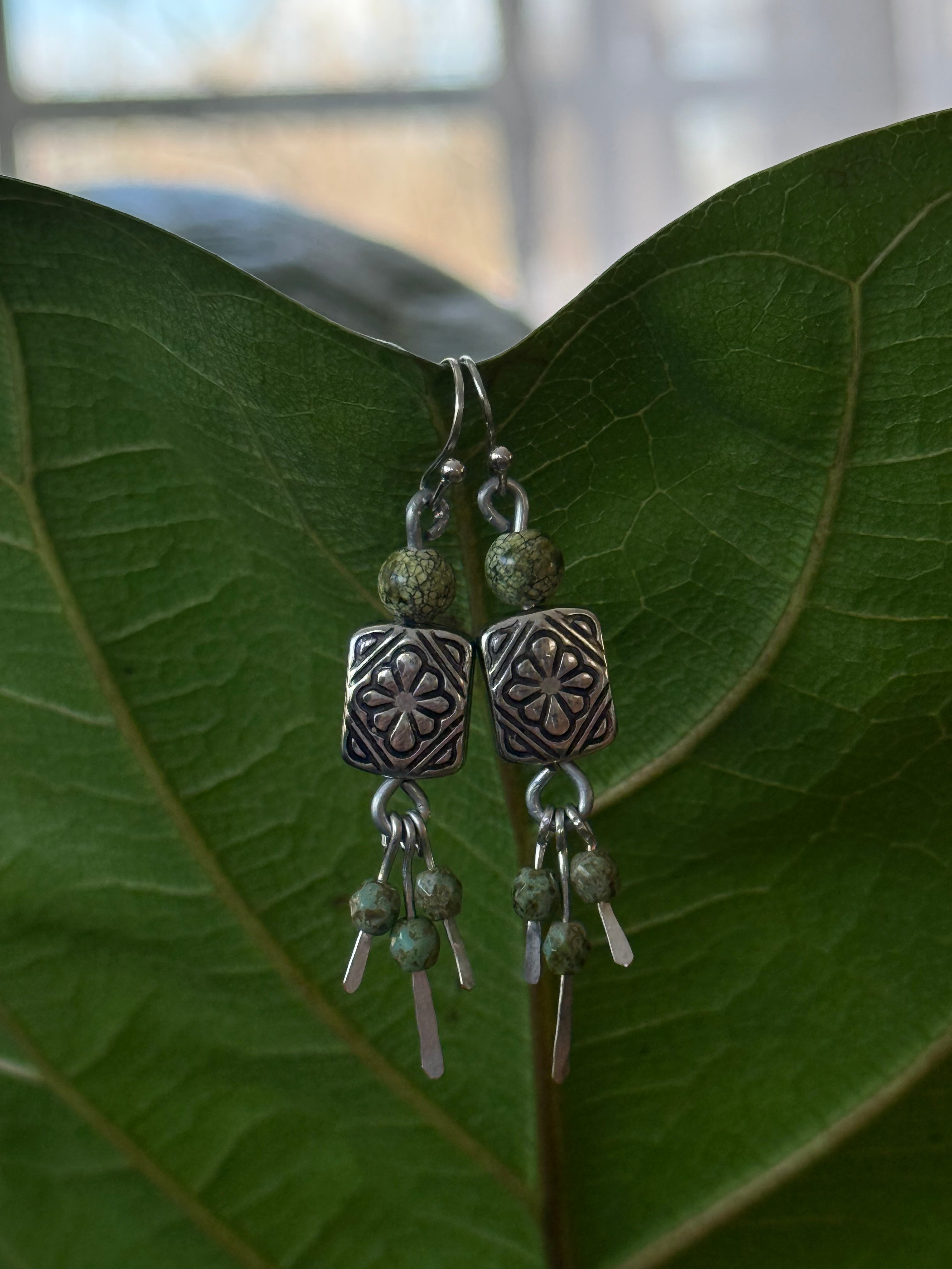 Silver and Green Dangle Earrings