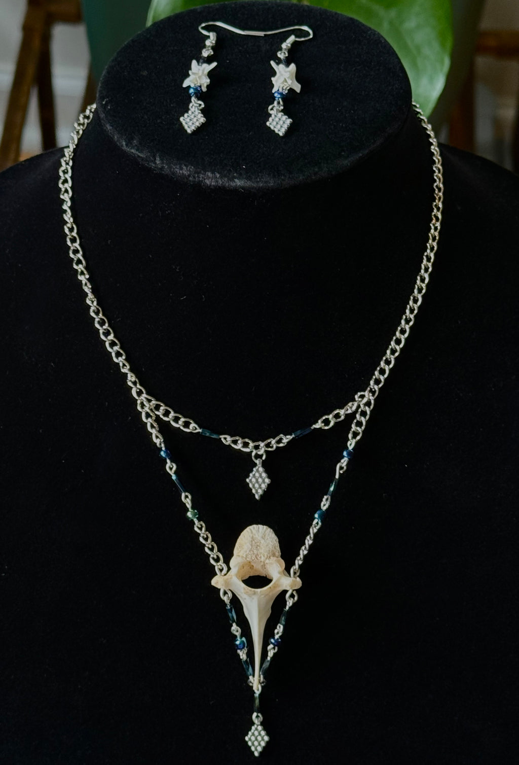 Black Iridescent Bone Necklace + Earring Set