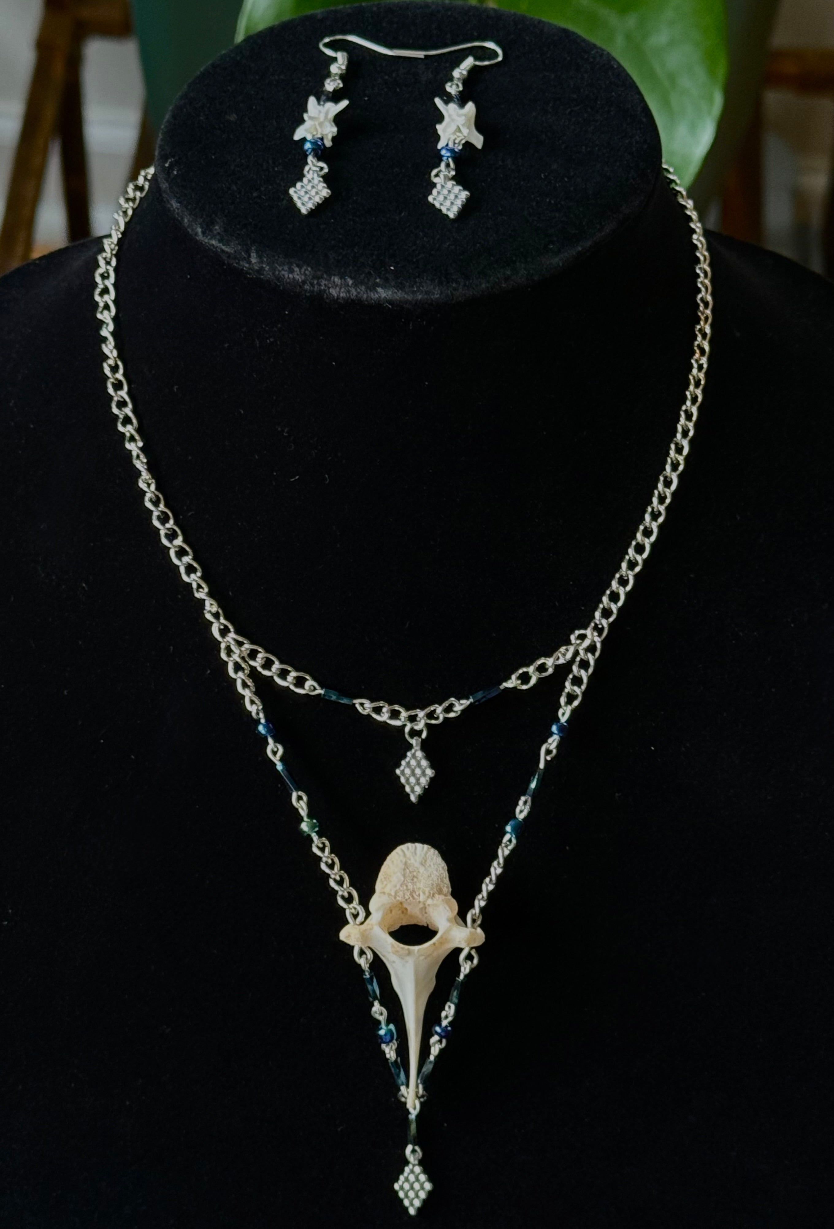 Black Iridescent Bone Necklace + Earring Set